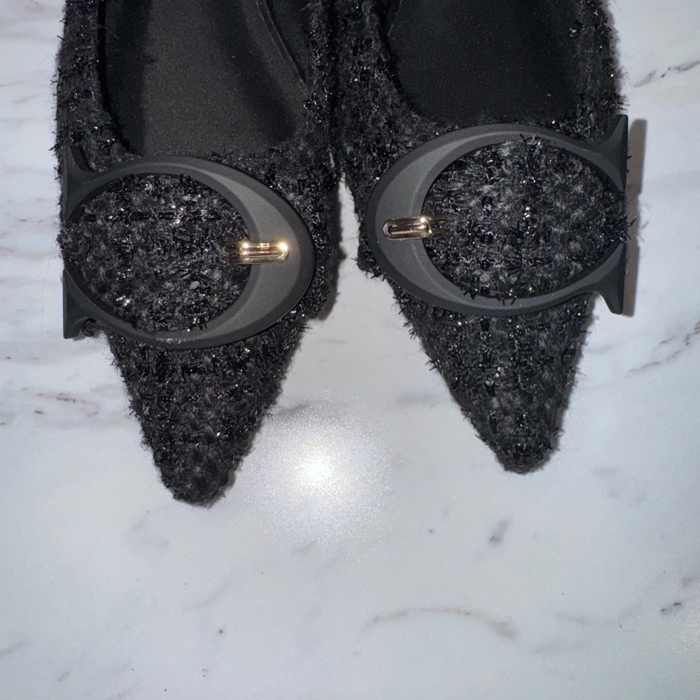 C.Paravano Black tweed pointed toe flats with C Buckle size 36 - Picture 3 of 15